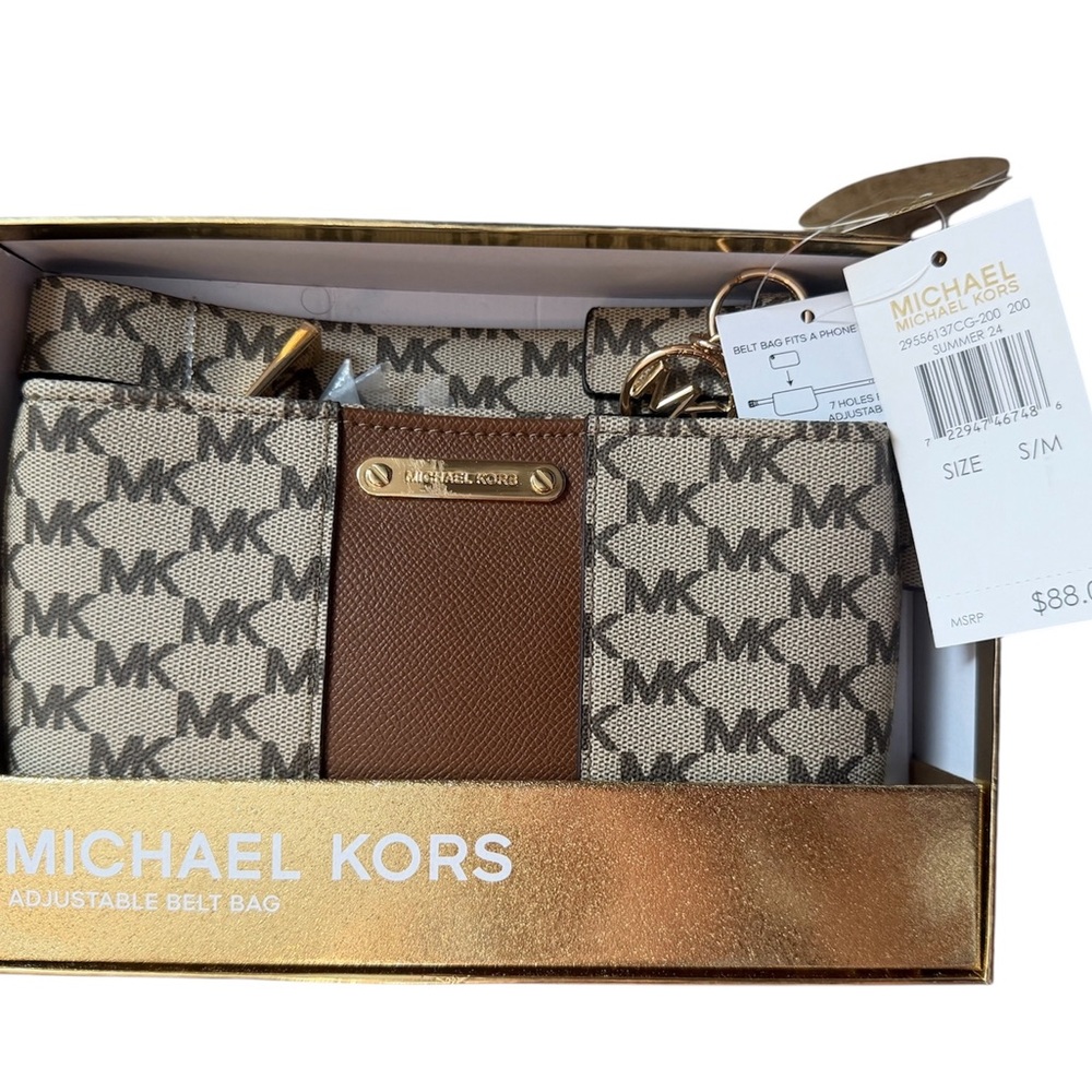 Michael Kors Beige/Tan MK Monogram Belt Bag with Gold Hardware